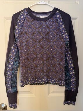 We The Free Boho Patterned Lightweight Waffle Long Sleeve, Purple, Medium